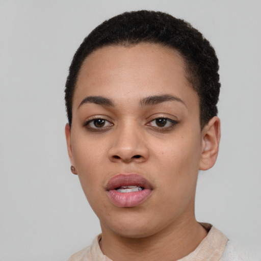 Neutral latino young-adult female with short  black hair and brown eyes