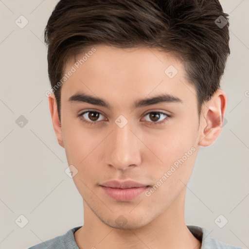 Neutral white young-adult male with short  brown hair and brown eyes