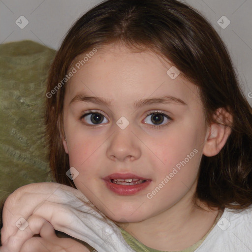 Joyful white child female with medium  brown hair and brown eyes