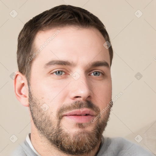 Neutral white young-adult male with short  brown hair and grey eyes