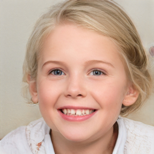 Joyful white child female with medium  brown hair and blue eyes