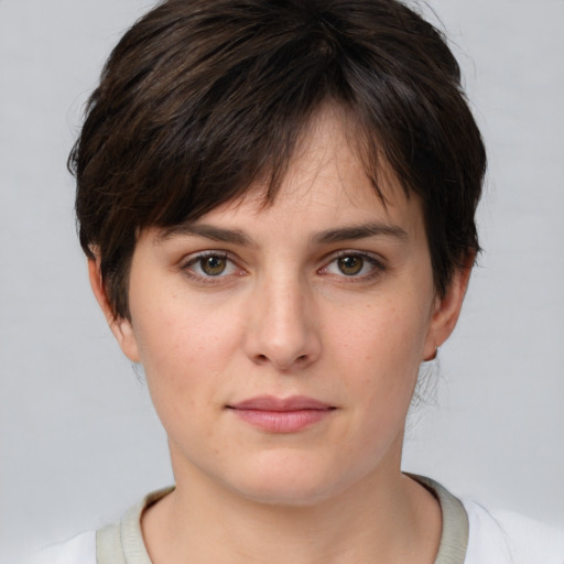 Neutral white young-adult female with short  brown hair and brown eyes