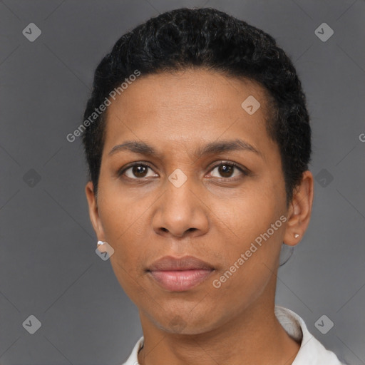 Neutral black young-adult female with short  black hair and brown eyes