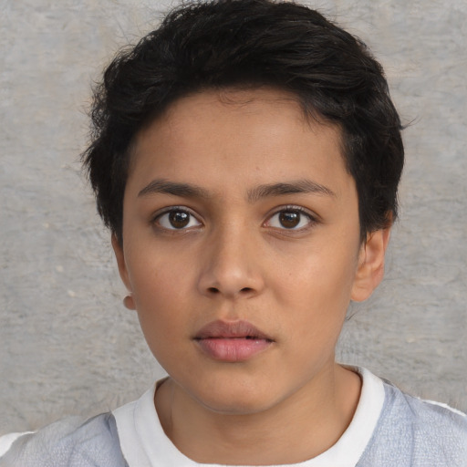 Neutral white young-adult female with short  black hair and brown eyes
