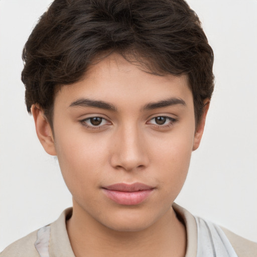 Neutral white young-adult female with short  brown hair and brown eyes