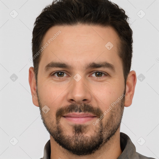 Neutral white young-adult male with short  brown hair and brown eyes