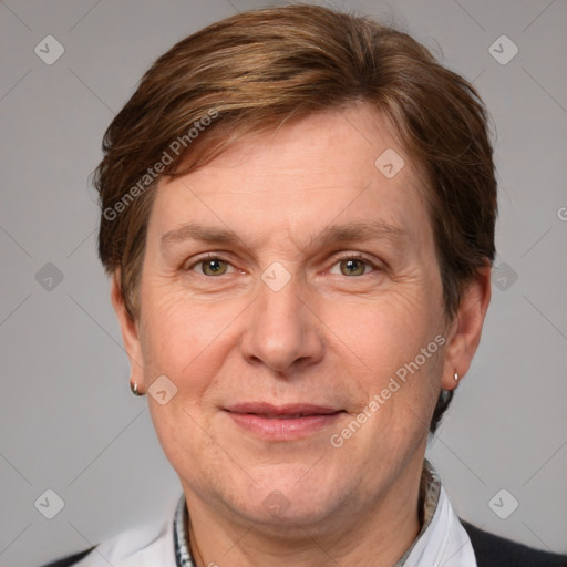 Joyful white adult male with short  brown hair and grey eyes