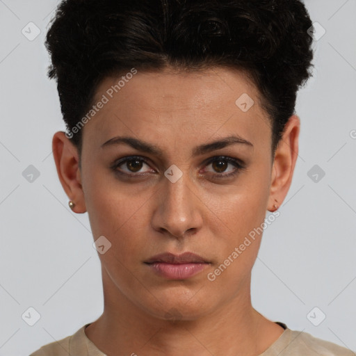 Neutral white young-adult female with short  brown hair and brown eyes