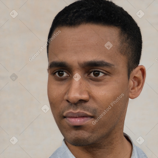 Neutral latino young-adult male with short  black hair and brown eyes