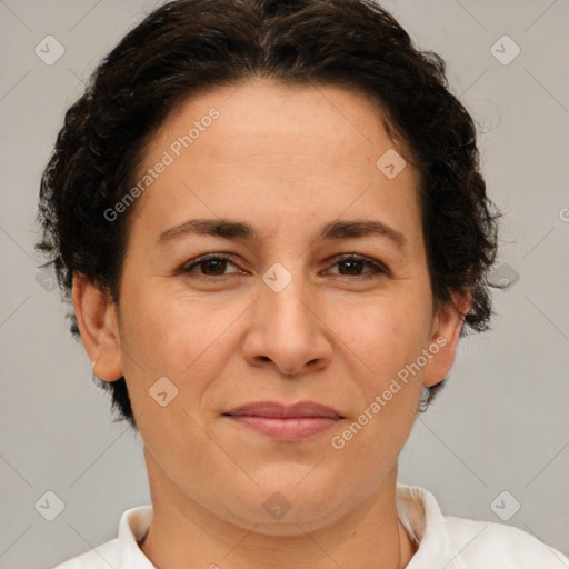 Joyful white adult female with short  brown hair and brown eyes