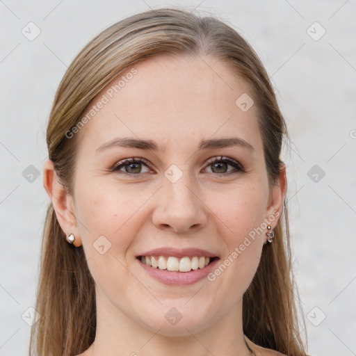 Joyful white young-adult female with long  brown hair and grey eyes