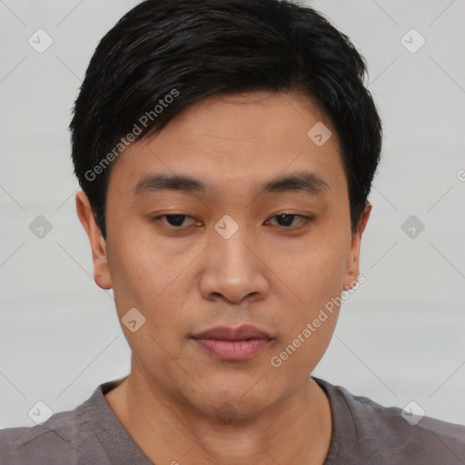 Neutral asian young-adult male with short  black hair and brown eyes