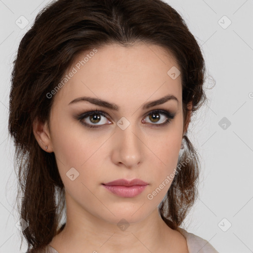 Neutral white young-adult female with medium  brown hair and brown eyes