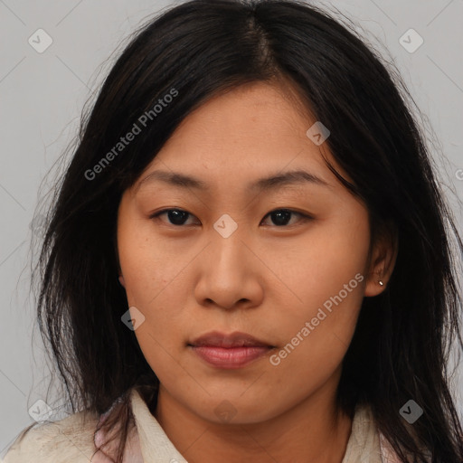 Neutral asian young-adult female with medium  brown hair and brown eyes