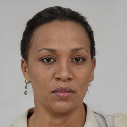 Neutral black adult female with short  brown hair and brown eyes
