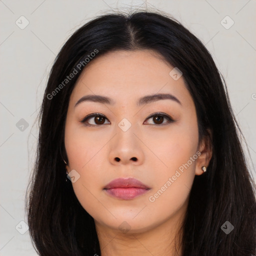 Neutral asian young-adult female with long  black hair and brown eyes