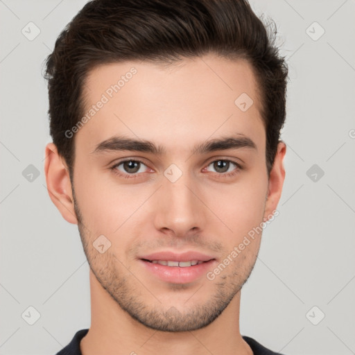 Neutral white young-adult male with short  brown hair and brown eyes