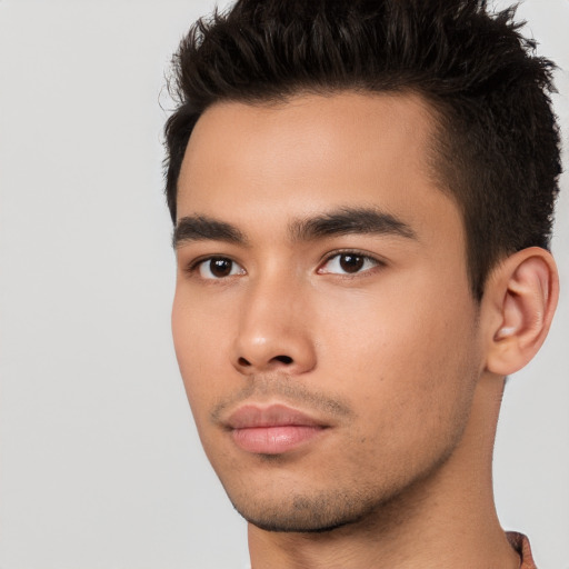 Neutral asian young-adult male with short  black hair and brown eyes