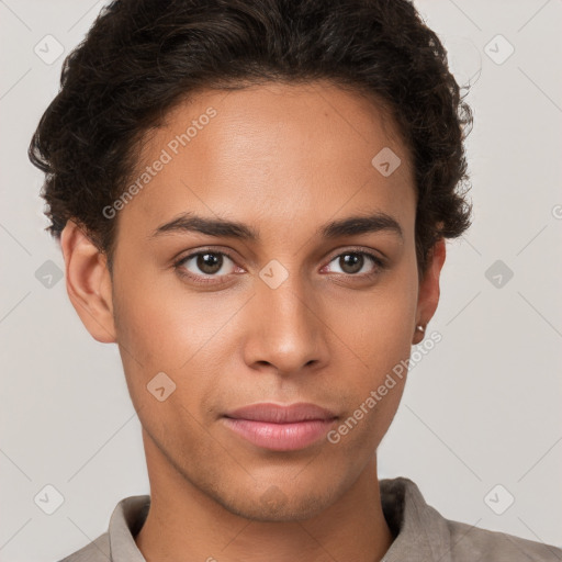 Neutral white young-adult female with short  brown hair and brown eyes