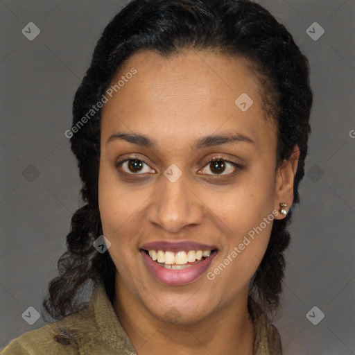 Joyful latino young-adult female with long  brown hair and brown eyes