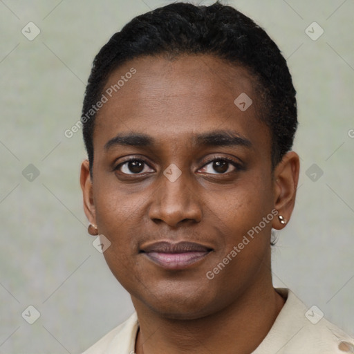 Joyful black young-adult male with short  black hair and brown eyes