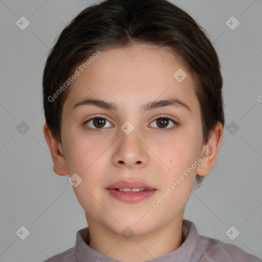 Neutral white young-adult female with short  brown hair and brown eyes