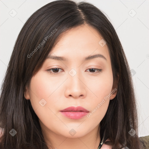 Neutral asian young-adult female with long  brown hair and brown eyes