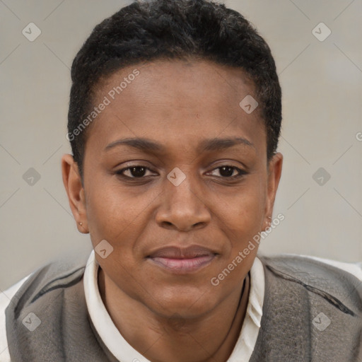 Joyful black young-adult female with short  brown hair and brown eyes