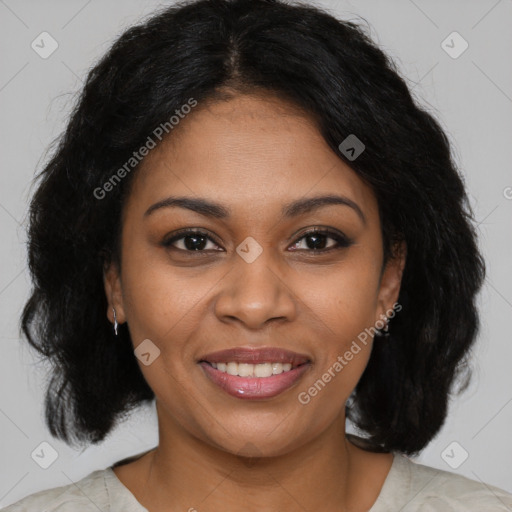 Joyful black young-adult female with medium  brown hair and brown eyes