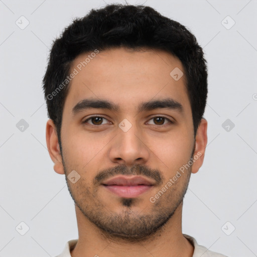 Neutral latino young-adult male with short  black hair and brown eyes