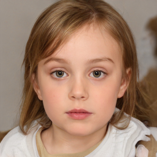 Neutral white child female with medium  brown hair and blue eyes