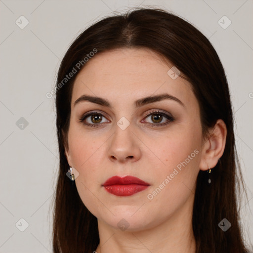 Neutral white young-adult female with long  brown hair and brown eyes