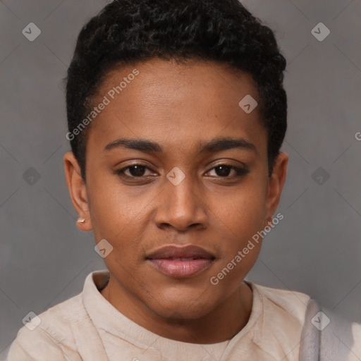 Joyful black young-adult female with short  brown hair and brown eyes