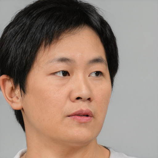 Neutral asian young-adult male with short  brown hair and brown eyes