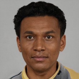Neutral black young-adult male with short  black hair and brown eyes