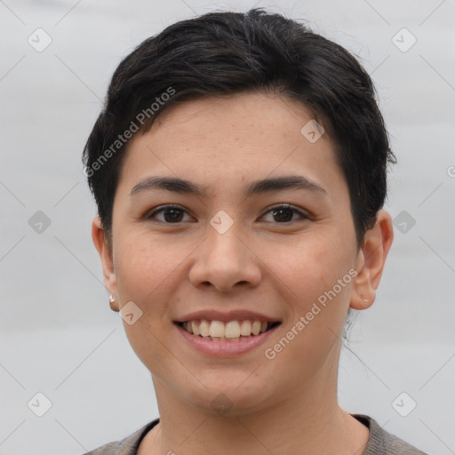 Joyful white young-adult female with short  brown hair and brown eyes