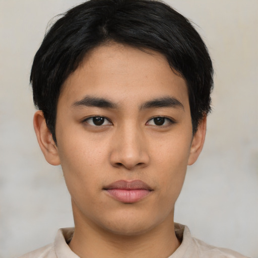 Neutral asian young-adult male with short  black hair and brown eyes