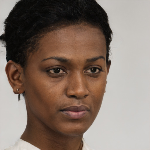 Neutral black young-adult female with short  brown hair and brown eyes