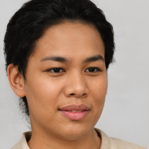 Joyful asian young-adult female with short  brown hair and brown eyes