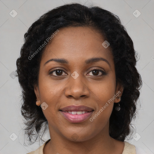 Joyful black young-adult female with medium  brown hair and brown eyes