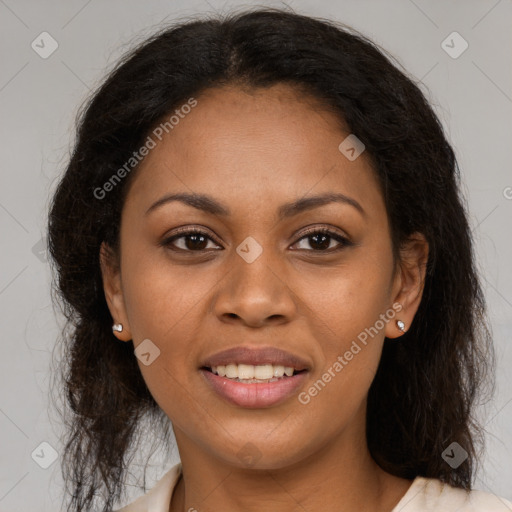 Joyful black young-adult female with medium  brown hair and brown eyes