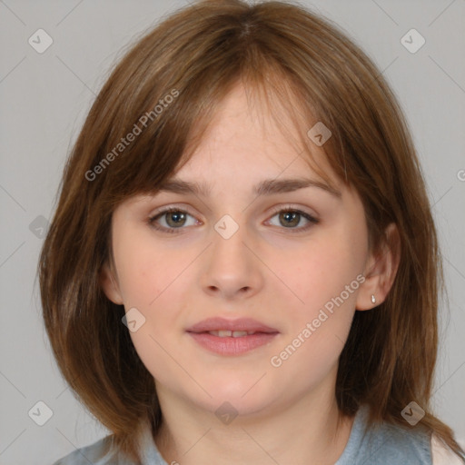 Neutral white young-adult female with medium  brown hair and brown eyes