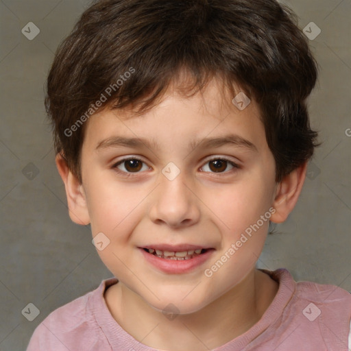 Joyful white child male with short  brown hair and brown eyes