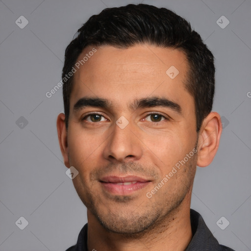 Joyful white young-adult male with short  black hair and brown eyes