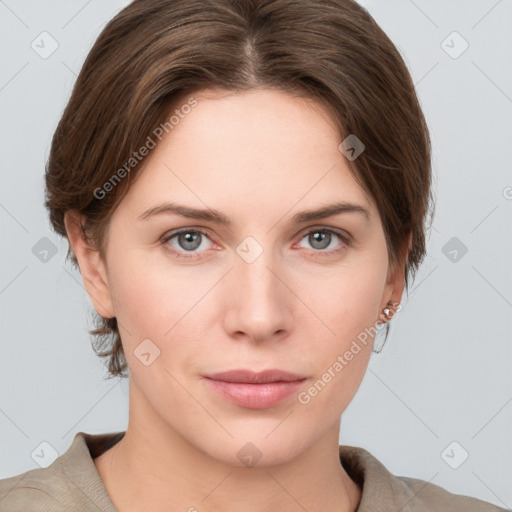 Neutral white young-adult female with short  brown hair and grey eyes