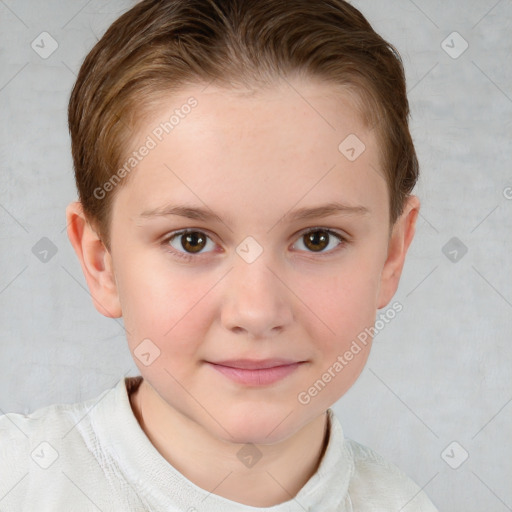 Joyful white child female with short  brown hair and brown eyes