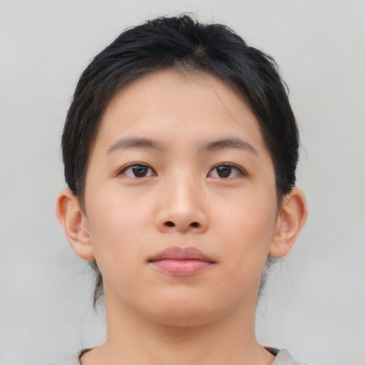 Neutral asian young-adult female with short  brown hair and brown eyes
