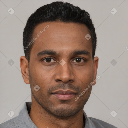 Neutral latino young-adult male with short  black hair and brown eyes