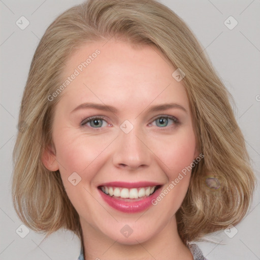 Joyful white young-adult female with medium  brown hair and blue eyes