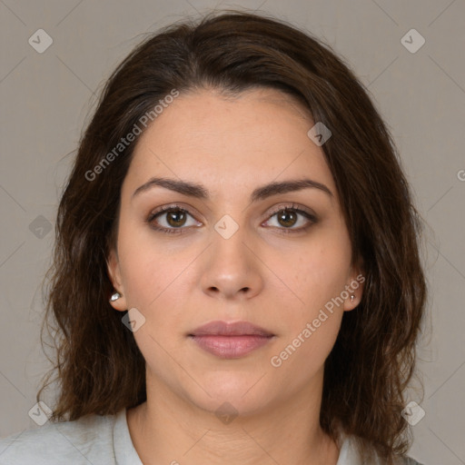 Neutral white young-adult female with medium  brown hair and brown eyes